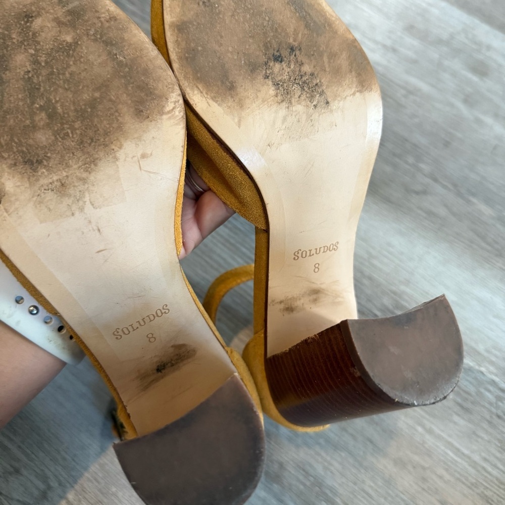 Soludos Mustard Suede Block Heel Ankle Strap Pumps - Picture 5 of 8